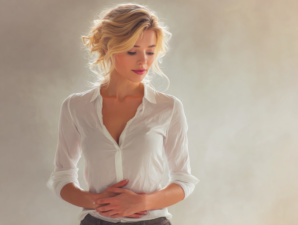 Ilustração semi-realista de uma mulher loira com mãos na região abdominal, demonstrando desconforto físico, representando os principais sintomas de quando verme pode prender o intestino.