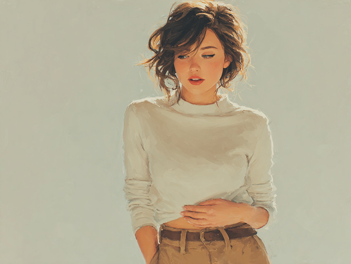 Ilustração semi-realista de mulher morena com a mão sobre a região abdominal, expressando leve desconforto, simbolizando que vermes causam enjoos e outros sintomas digestivos.