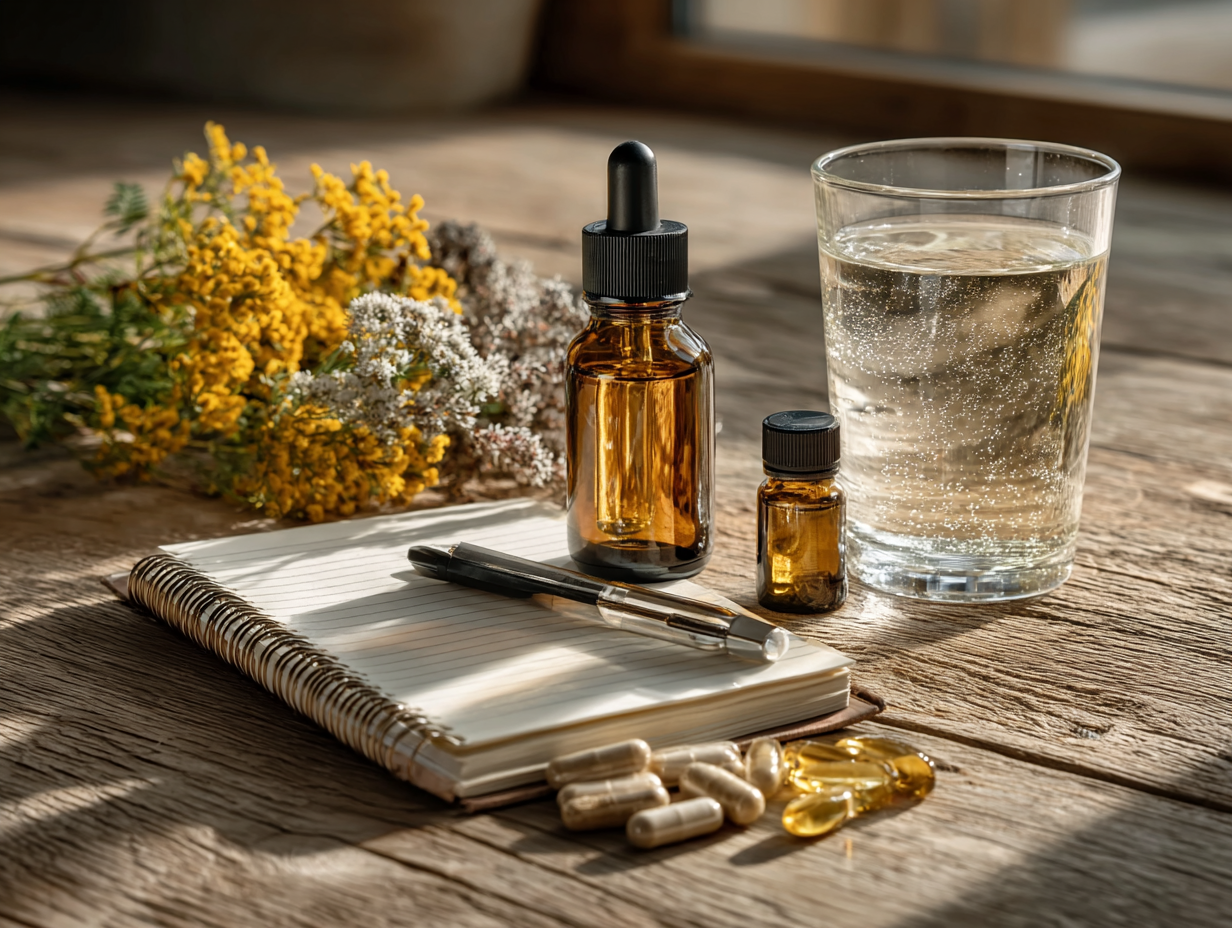 Imagem clean de mesa com suplementos naturais, representando o uso tradicional de compostos como apoio na recuperação da amebíase.