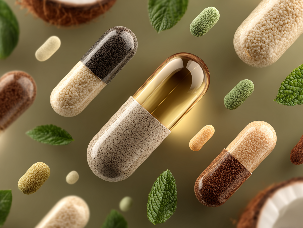 Ilustração flat com potes de suplementos naturais sem rótulo, cápsulas variadas, óleo de coco, ervas de orégano e simbologia de bactérias probióticas