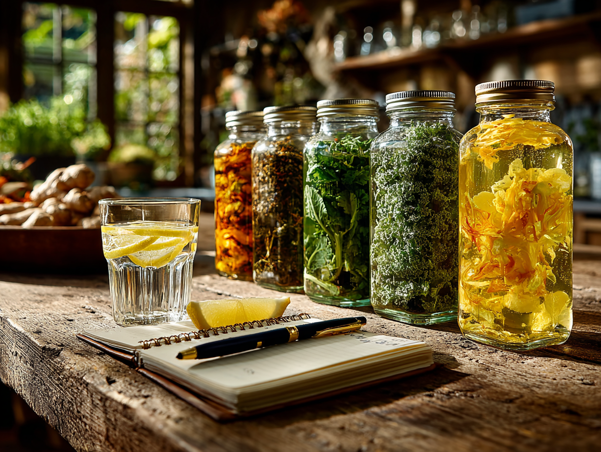 Foto clean de uma mesa com suplementos, tinturas naturais e alimentos integrais, representando estratégias funcionais para restaurar o intestino afetado por vermes.