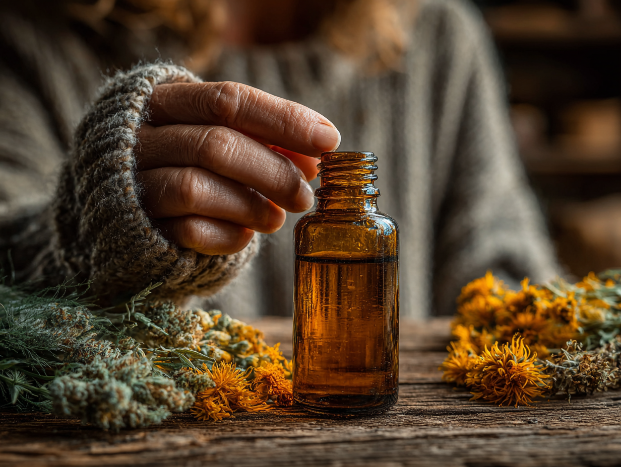 Mulher ruiva manipulando frasco de tintura de cravinho, demonstrando de forma simbólica para que serve a tintura de cravinho