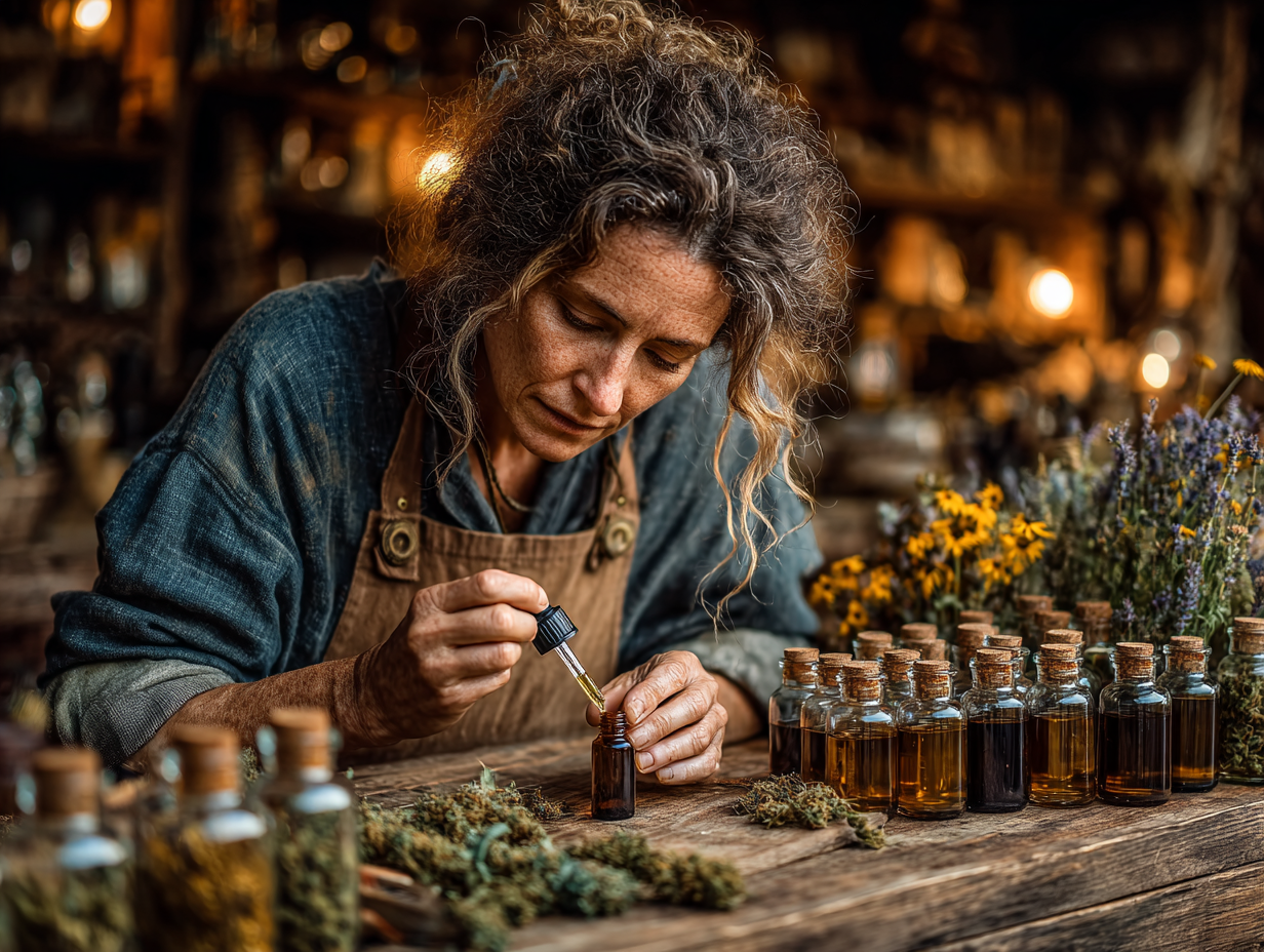 Foto de uma mulher brunete manipulando tintura em ambiente de naturopatia, representando o protocolo Hulda Clark.