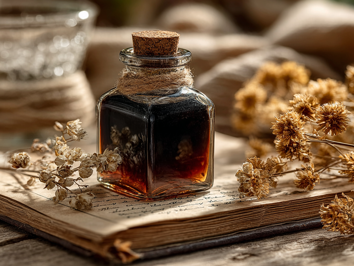 Frasco de tintura sobre mesa clean, ilustrando os efeitos da tintura de nogueira para que serve e como age no organismo.