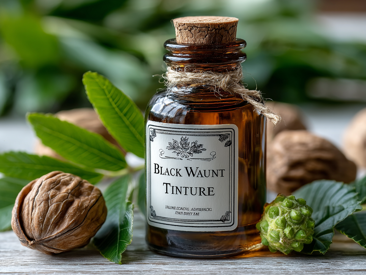 Frasco de tintura de nogueira negra sobre fundo clean, usado no protocolo Hulda Clark.