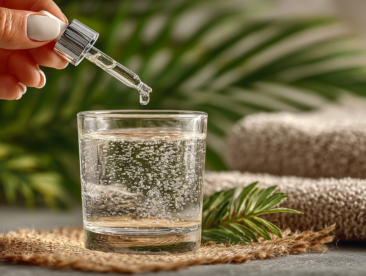 Mão com conta-gotas aplicando tintura de nogueira negra Hulda Clark em copo com água, simbolizando o uso funcional e seguro da fórmula.