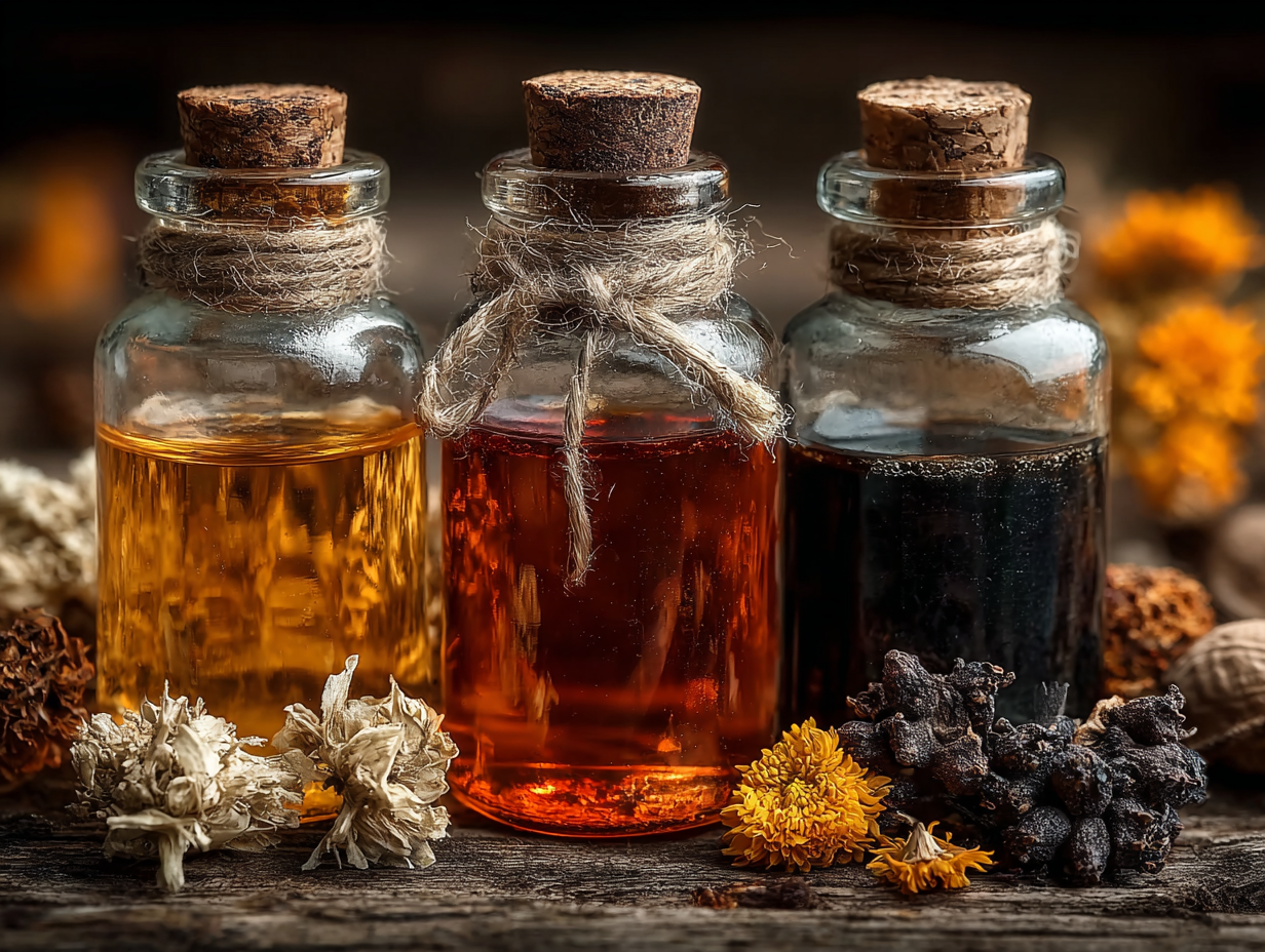 Tinturas utilizadas no desparasitação natural protocolo em frascos de vidro âmbar, representando a ação conjunta de nogueira, absinto e cravinho em cenário naturalista.