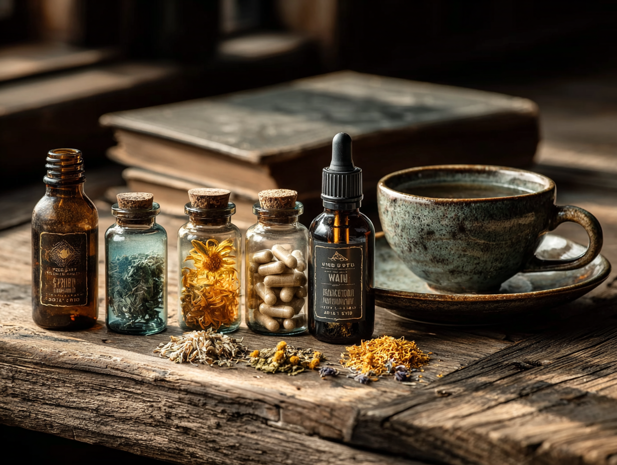 Mesa organizada com tinturas, óleos essenciais e suplementos representando a desparasitação natural