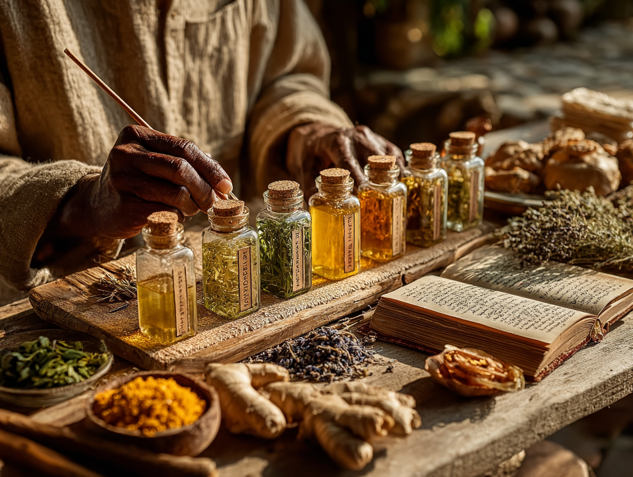 Tinturas e compostos naturais usados na desparasitação natural, com mulher negra em ambiente funcional