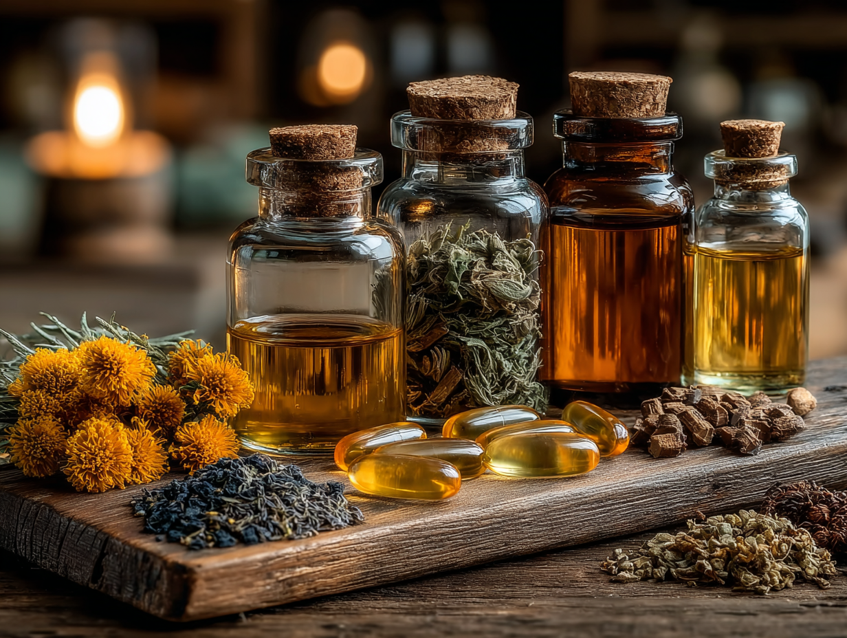 Mesa com tinturas naturais, óleo de orégano, suplementos e plantas usadas no protocolo de desparasitação natural.