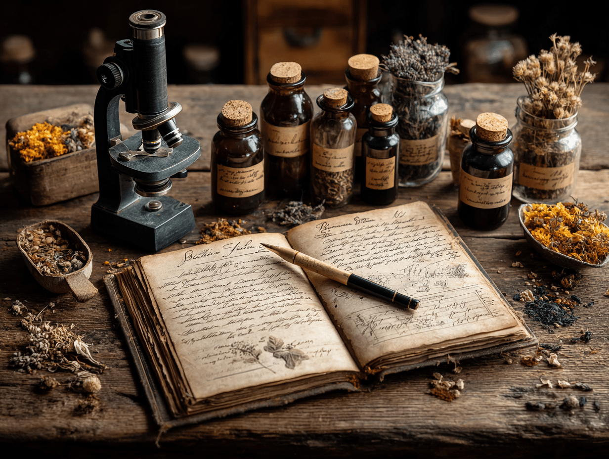 Mesa com tinturas e microscópio ilustrando as evidências científicas sobre como o protocolo Hulda Clark funciona na eliminação de parasitas.