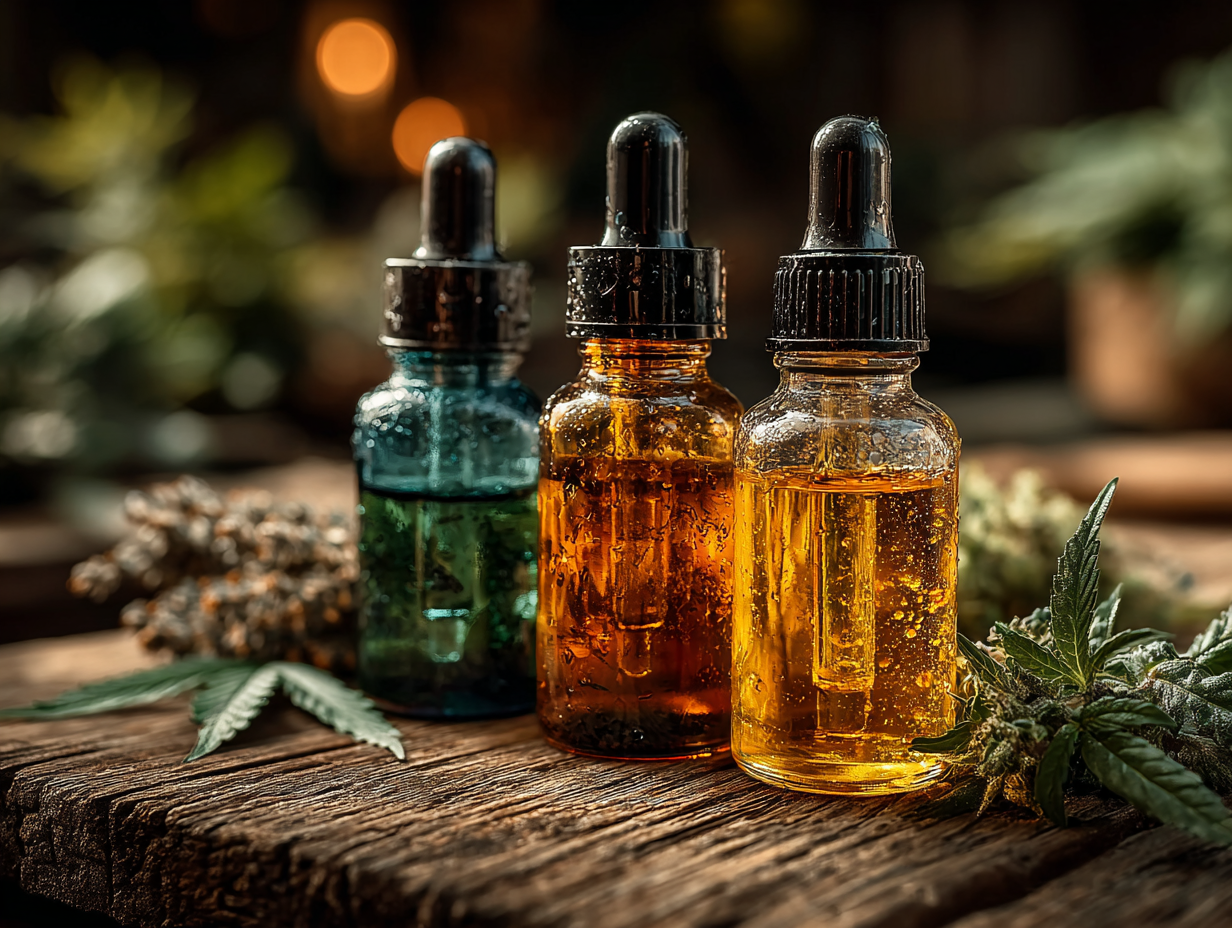 Frascos de tinturas antiparasitárias usados no protocolo Hulda Clark, sem rótulo, sobre superfície limpa e natural.