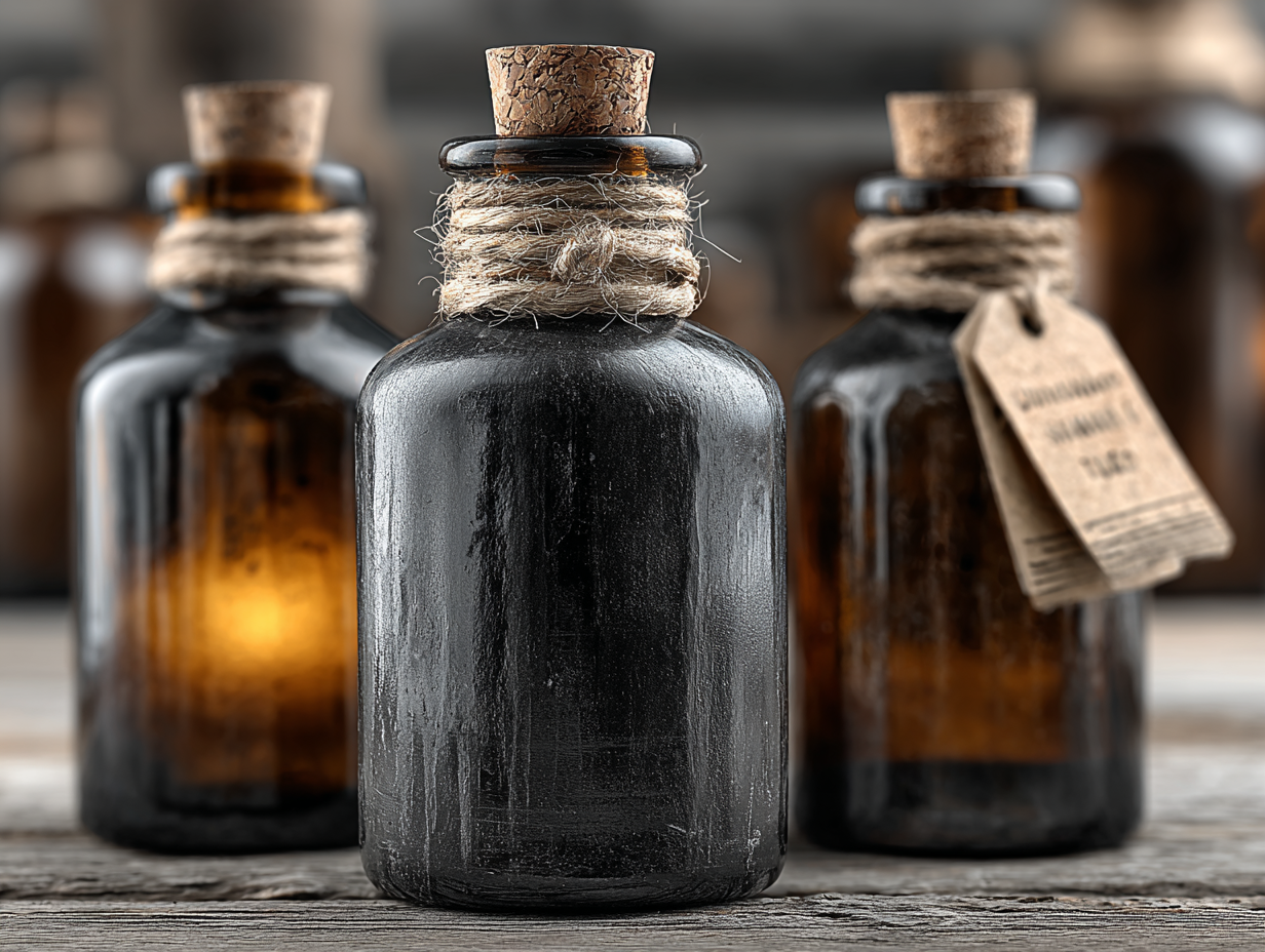 Três frascos de tinturas vegetais lado a lado, representando a combinação clássica de nogueira, cravinho e absinto.