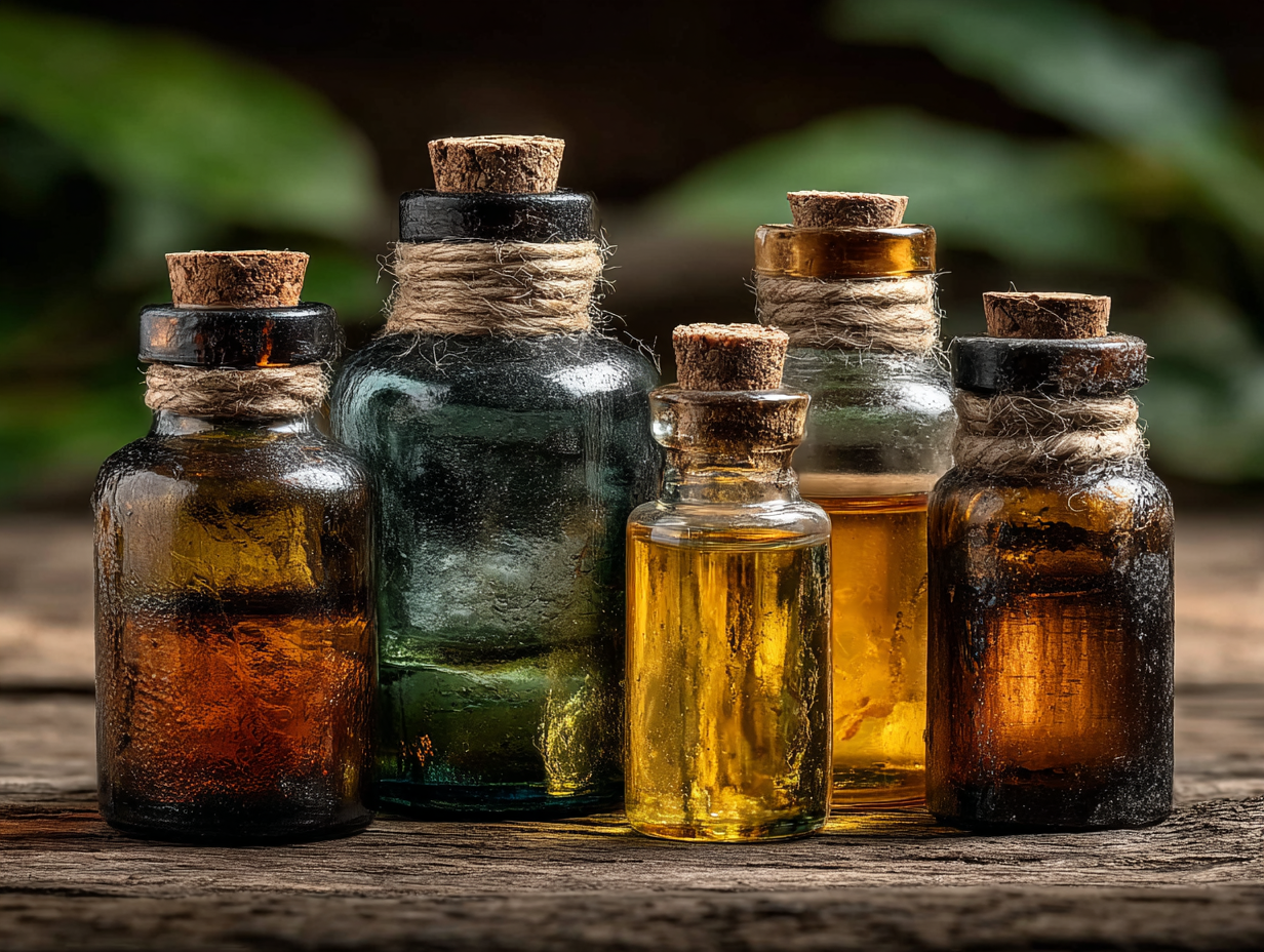Frascos de tinturas sem rótulo representando compostos usados na desparasitação com tinturas.