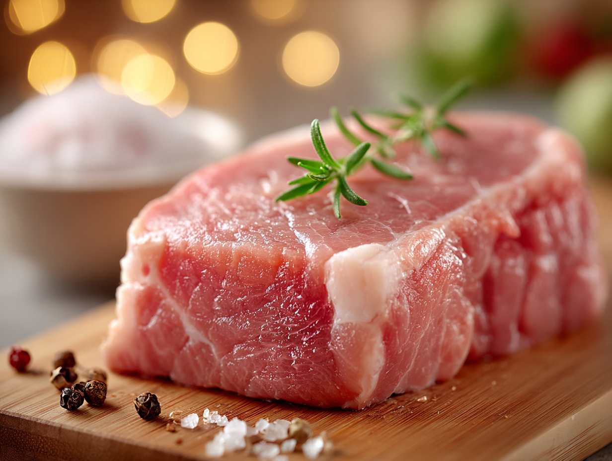 Foto realista mostrando carne crua em corte rústico, sugerindo o risco de infecção por tênia verme.