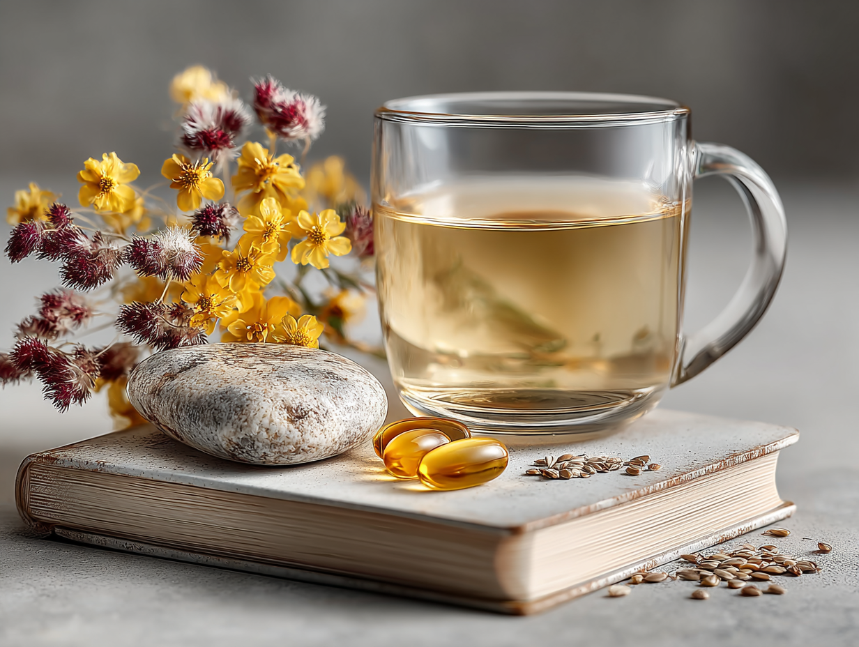 Foto realista clean com mesa contendo caderno, suplementos, chás naturais e alimentos funcionais — representando o tratamento funcional da candidíase.