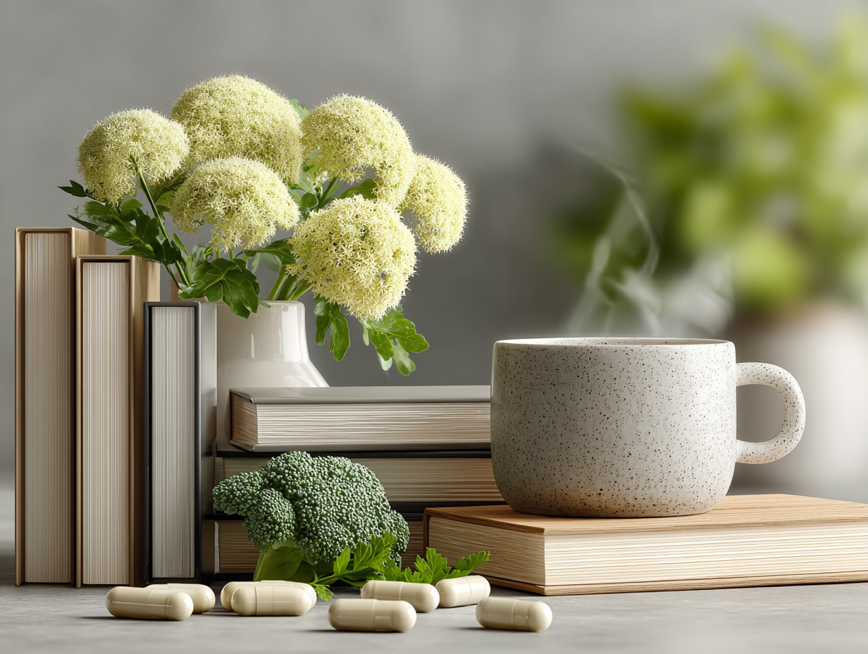 Foto de mesa clean com probióticos, alimentos naturais e livros, representando o tratamento funcional da candidíase.