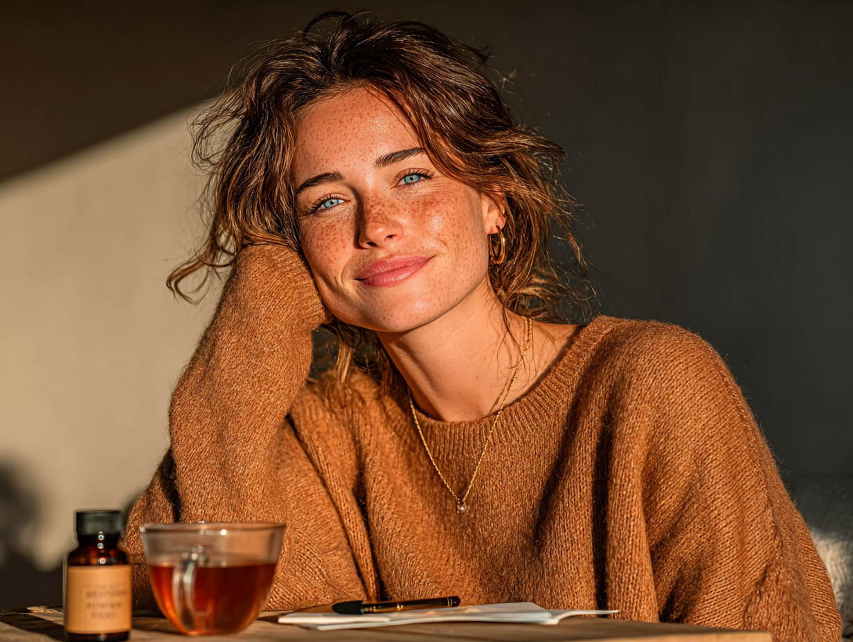 Mulher brunette sentada com chá e caderno, simbolizando monitoramento e mudança alimentar contra o SIFO