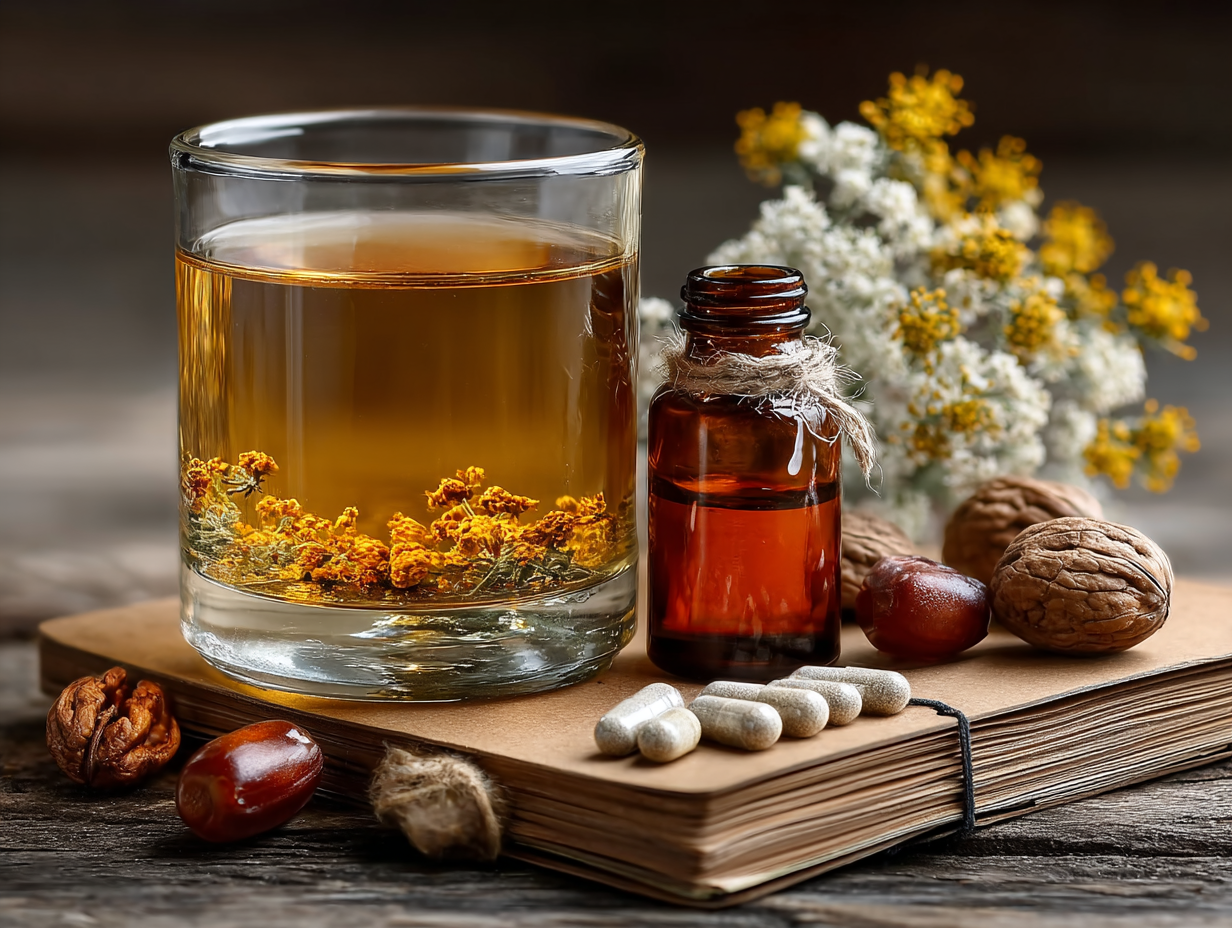  Foto clean de uma mesa com suplementos naturais, bloco de anotações e chá, simbolizando cuidados funcionais contra parasitas que afetam a pele.