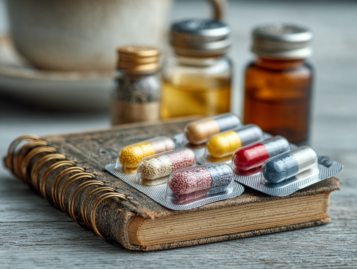 Foto clean com cápsulas e medicamentos naturais sobre uma mesa, representando o tratamento da giardíase e os sintomas causados pela infecção intestinal.