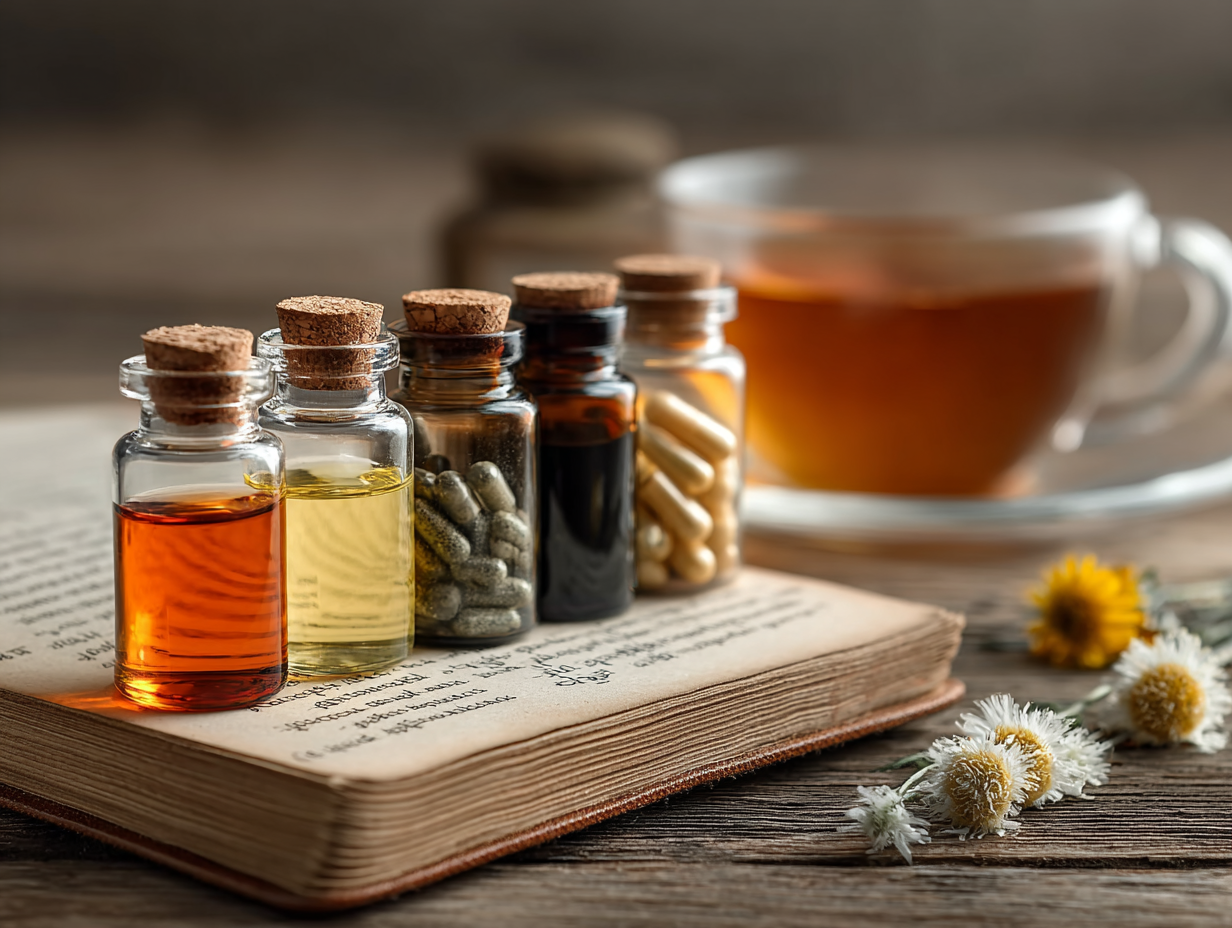 Foto clean de cápsulas naturais e frascos de suplementos sobre mesa de madeira, com caderno aberto ao fundo.