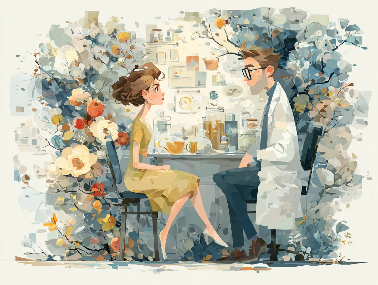 Mulher aprendendo com nutricionista estratégias integrativas contra candidíase: chás, alimentação, estilo de vida