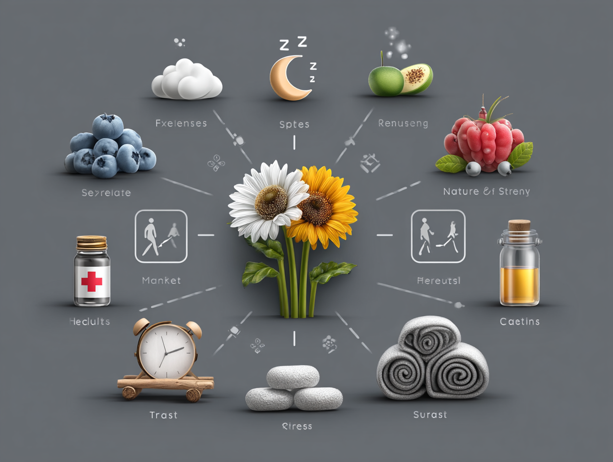 Representação visual dos pilares do tratamento funcional da candidíase: alimentação, suplementos, sono, estresse, exercícios.