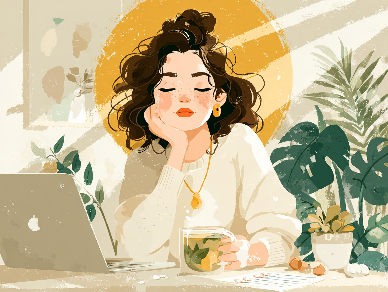 Ilustração flat de mulher tomando chá em ambiente calmo, com checklist e alimentos antifúngicos sobre a mesa, porque descobriu o que acaba com a candidíase.