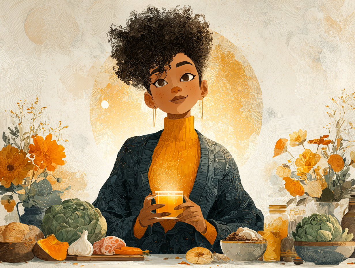 Mulher feliz tomando chá atrás de uma mesa cheia de alimentos naturais e funcionais, após tratar candidíase intestinal.