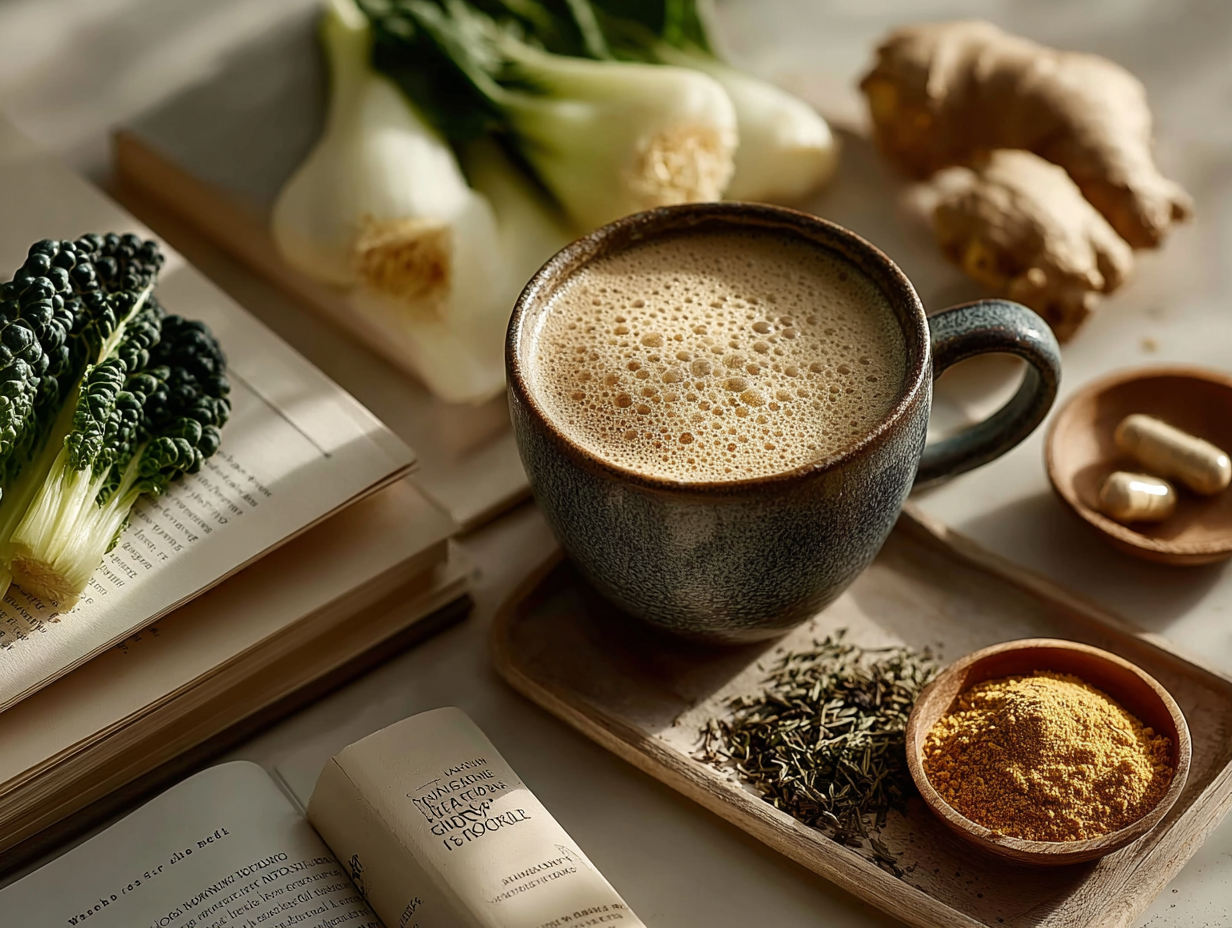 Imagem clean com frascos de suplemento natural, chá, alimentos anti-inflamatórios e livros sobre saúde digestiva.