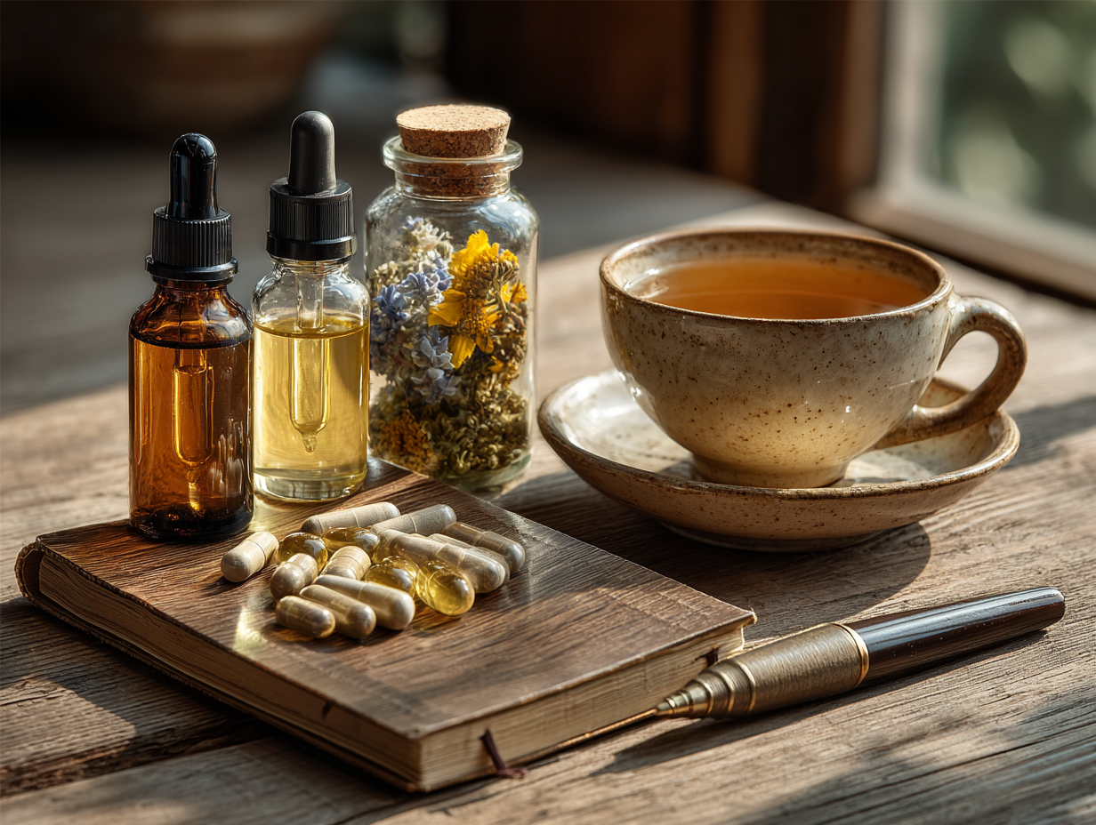 Cena realista com mesa de madeira clara, tinturas antiparasitárias, frascos de suplementos, e caderno de acompanhamento funcional — representando o tratamento natural para verminoses.
