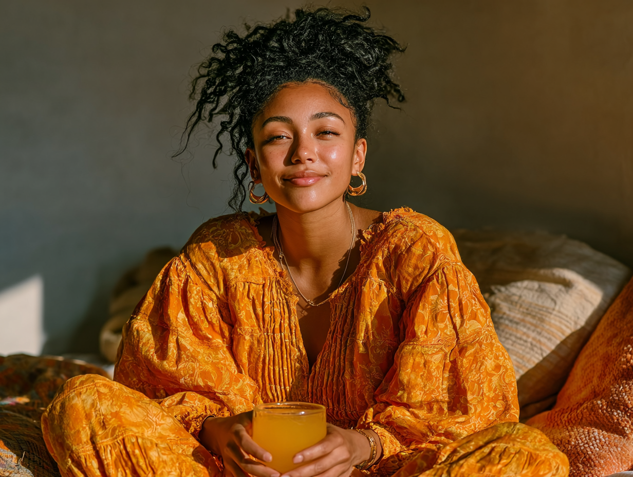 Foto clean de uma mulher negra sorrindo levemente, com uma xícara em mãos e aparência tranquila, simbolizando o bem-estar após tratar os sintomas de verme sintomas na pele.