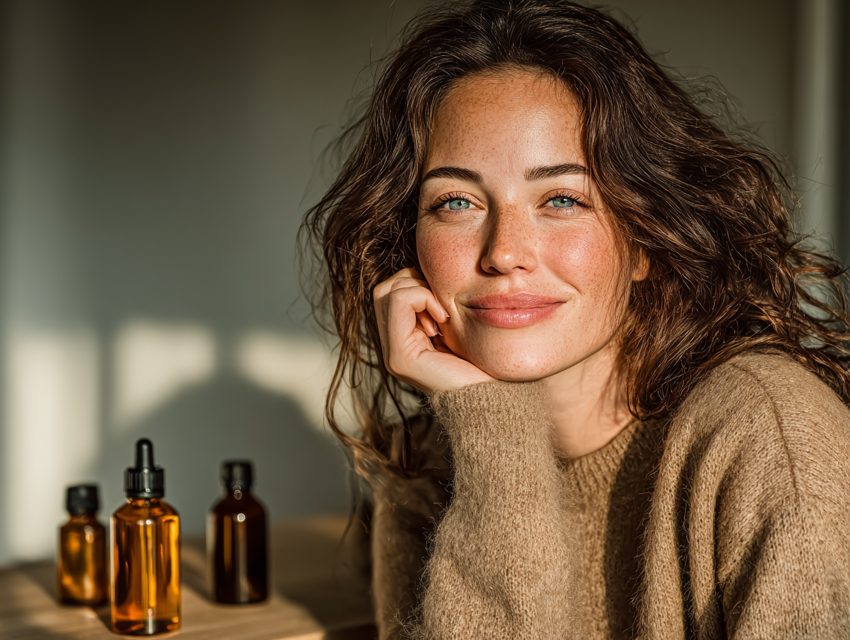 Cena limpa com mulher morena utilizando tinturas naturais e antifúngicos sobre uma mesa, representando o tratamento funcional de verminoses.