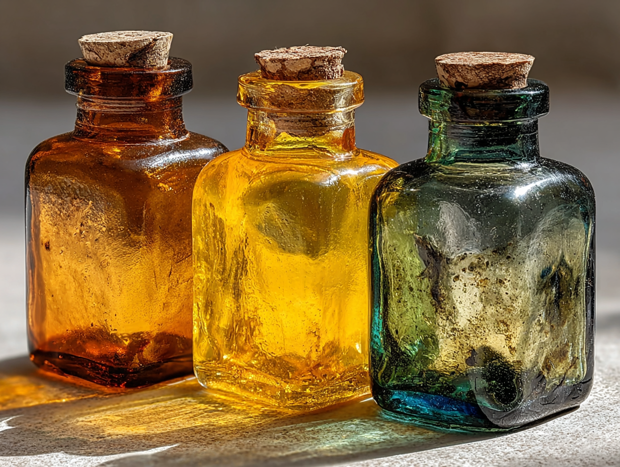 Três frascos âmbar de tinturas naturais (nogueira, absinto e cravinho) lado a lado sem rótulos, representando a base do protocolo de desparasitação humana.