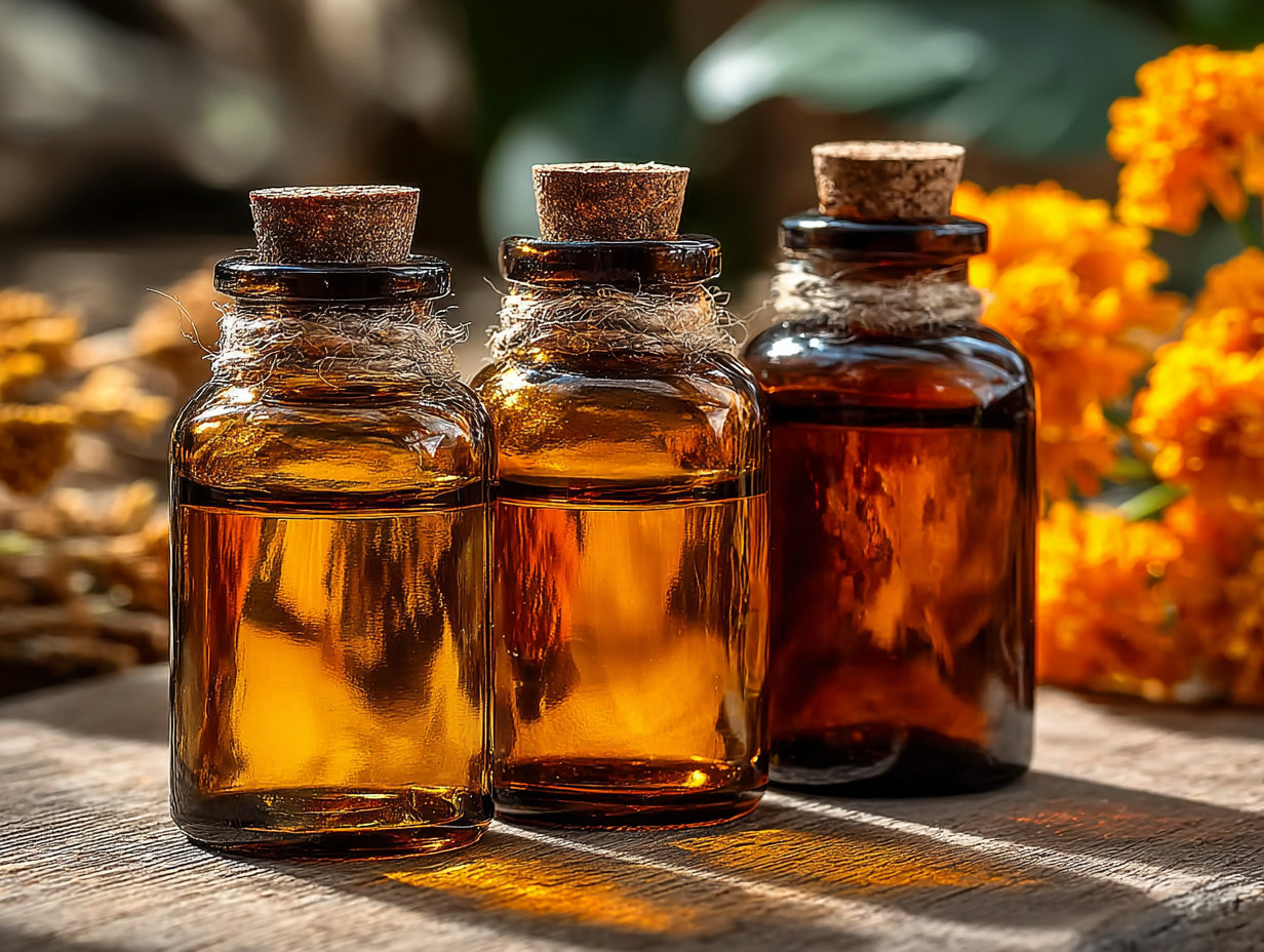 Três frascos de vidro escuro sem rótulo representando a tríade do protocolo hulda clark passo a passo: tintura de nogueira, absinto e cravinho.