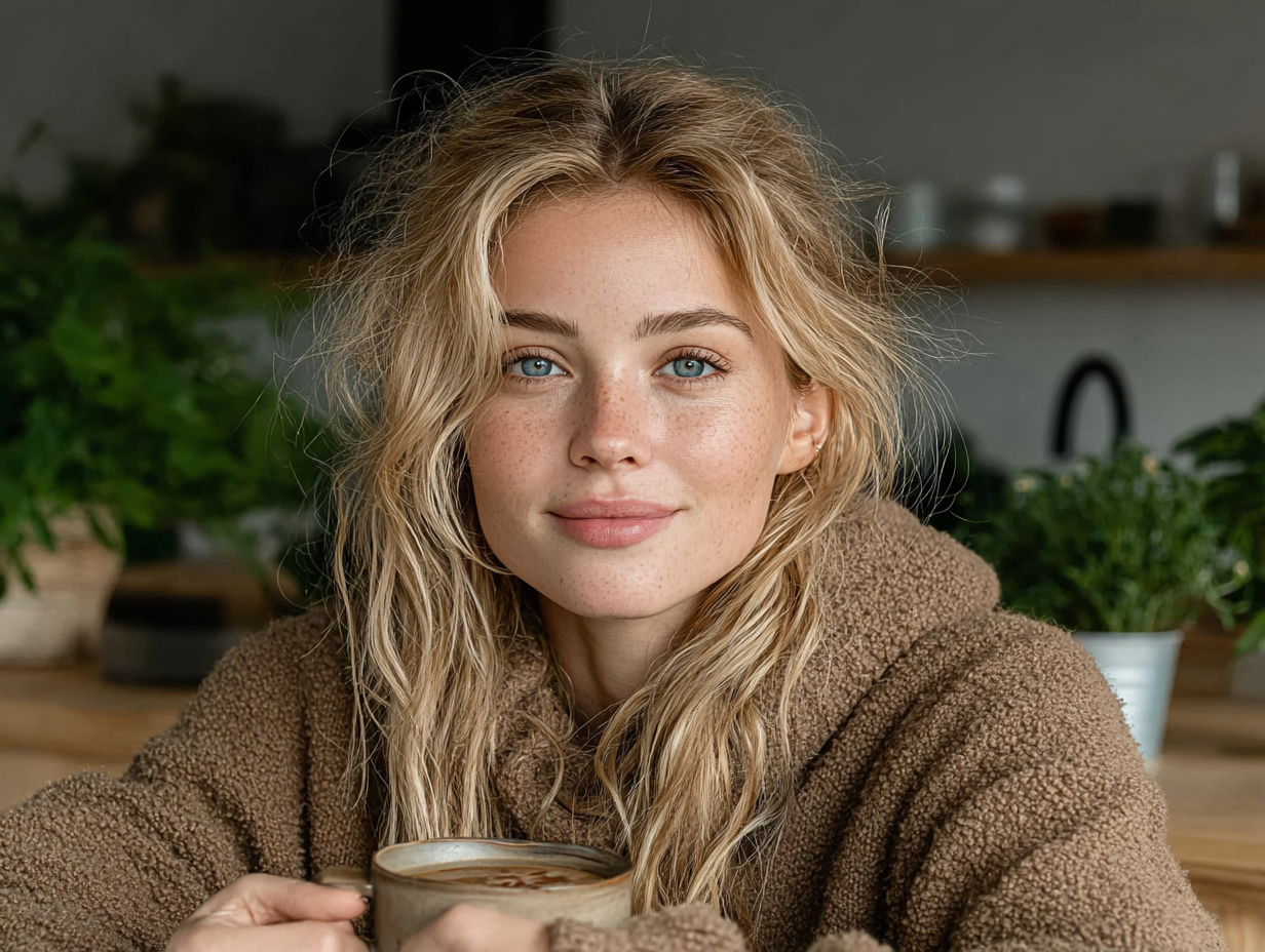 Mulher loira sorrindo com leveza após usar alimentos como remédio caseiro para verme.