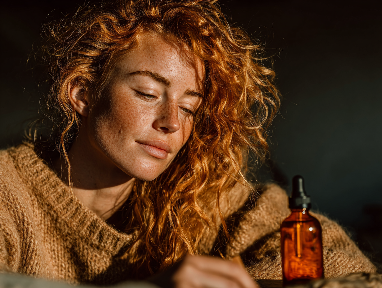 Mulher ruiva jovem com aparência saudável manipulando frasco de tintura de nogueira sobre uma mesa clean.