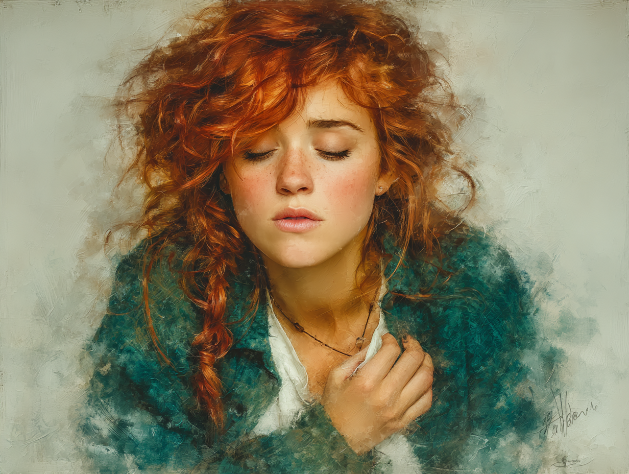 Mulher ruiva com a mão no peito e expressão preocupada, ilustrando o impacto respiratório da infecção por verme.