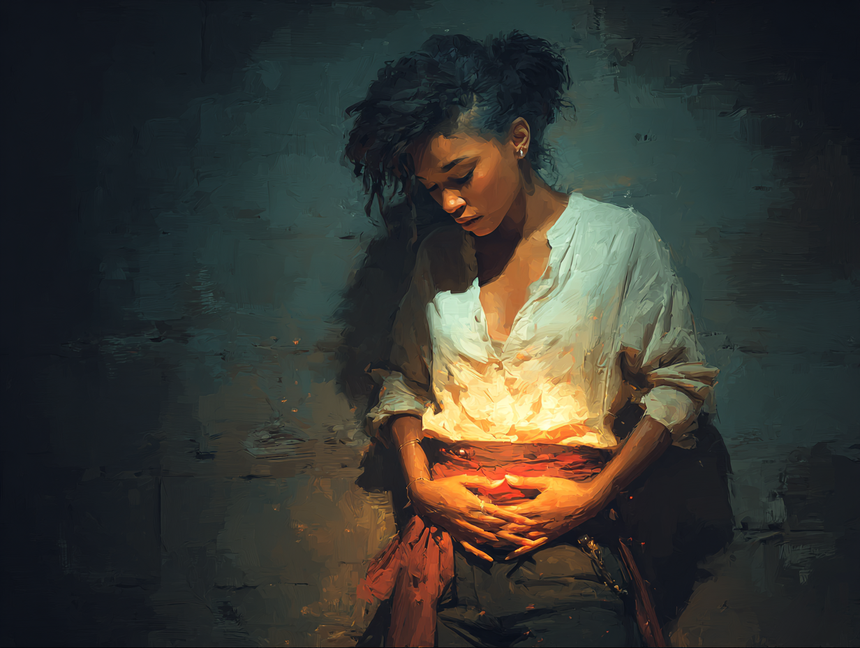 Ilustração anatômica semi-realista de uma mulher morena com as mãos na barriga, representando os sintomas digestivos associados a vermes intestinais.