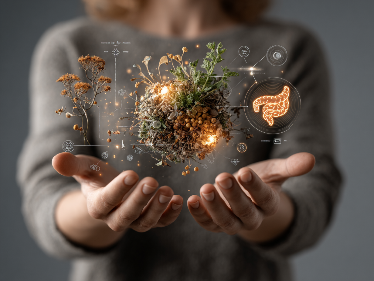 Representação simbólica da visão funcional integrativa no protocolo Hulda Clark, com elementos naturais e equilíbrio holístico.