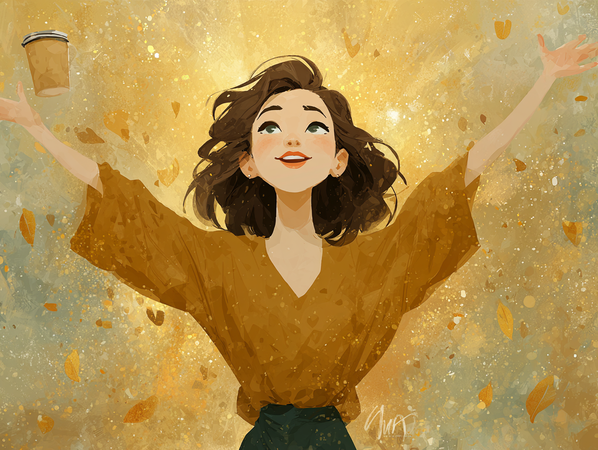 Mulher alegre e iluminada após vencer a candidíase de repetição, segurando chá e cercada por símbolos de saúde