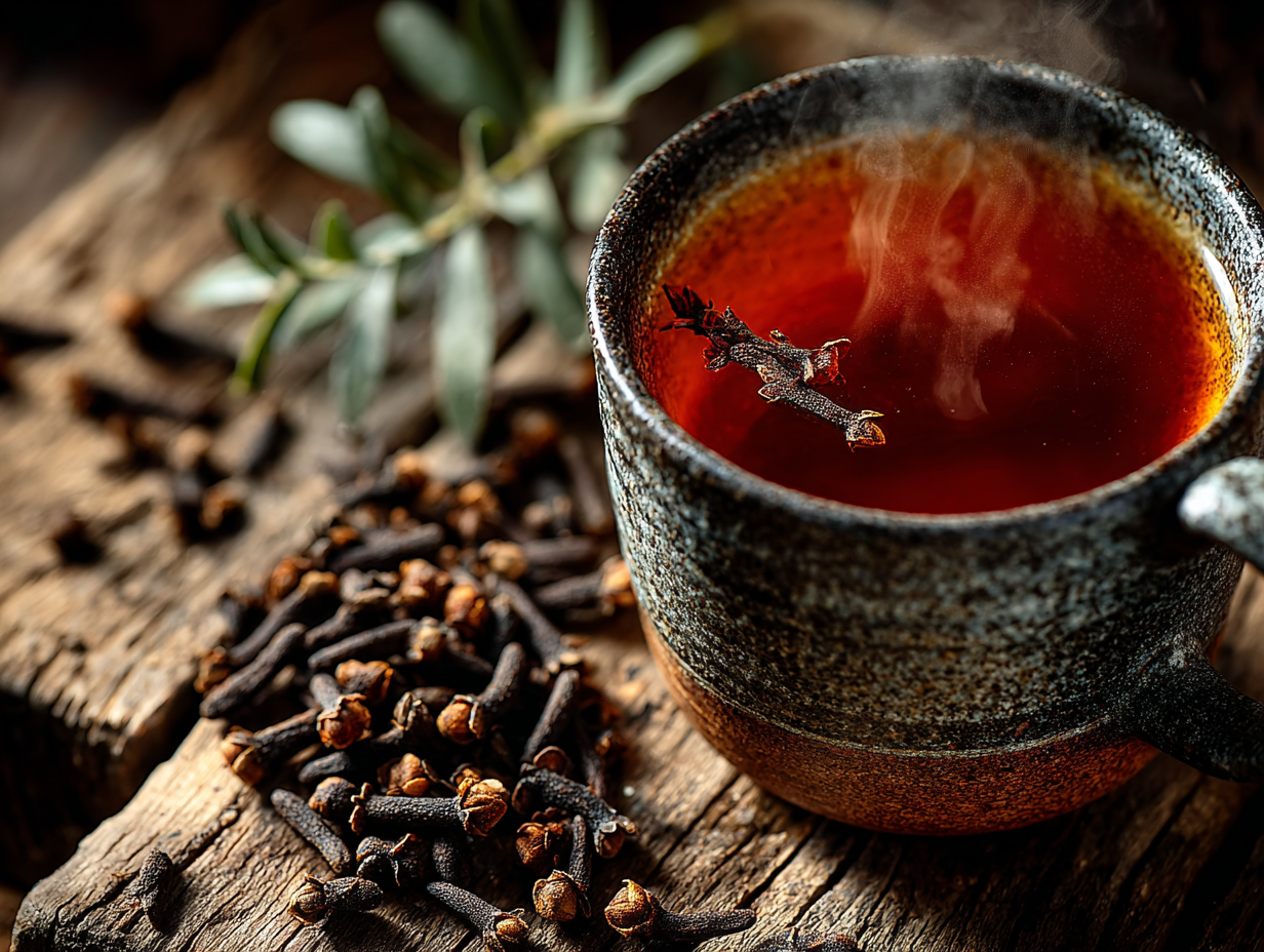 Xícara de chá de cravo-da-índia com cravos secos ao redor, representando o uso do chá para verme com ação antiparasitária.