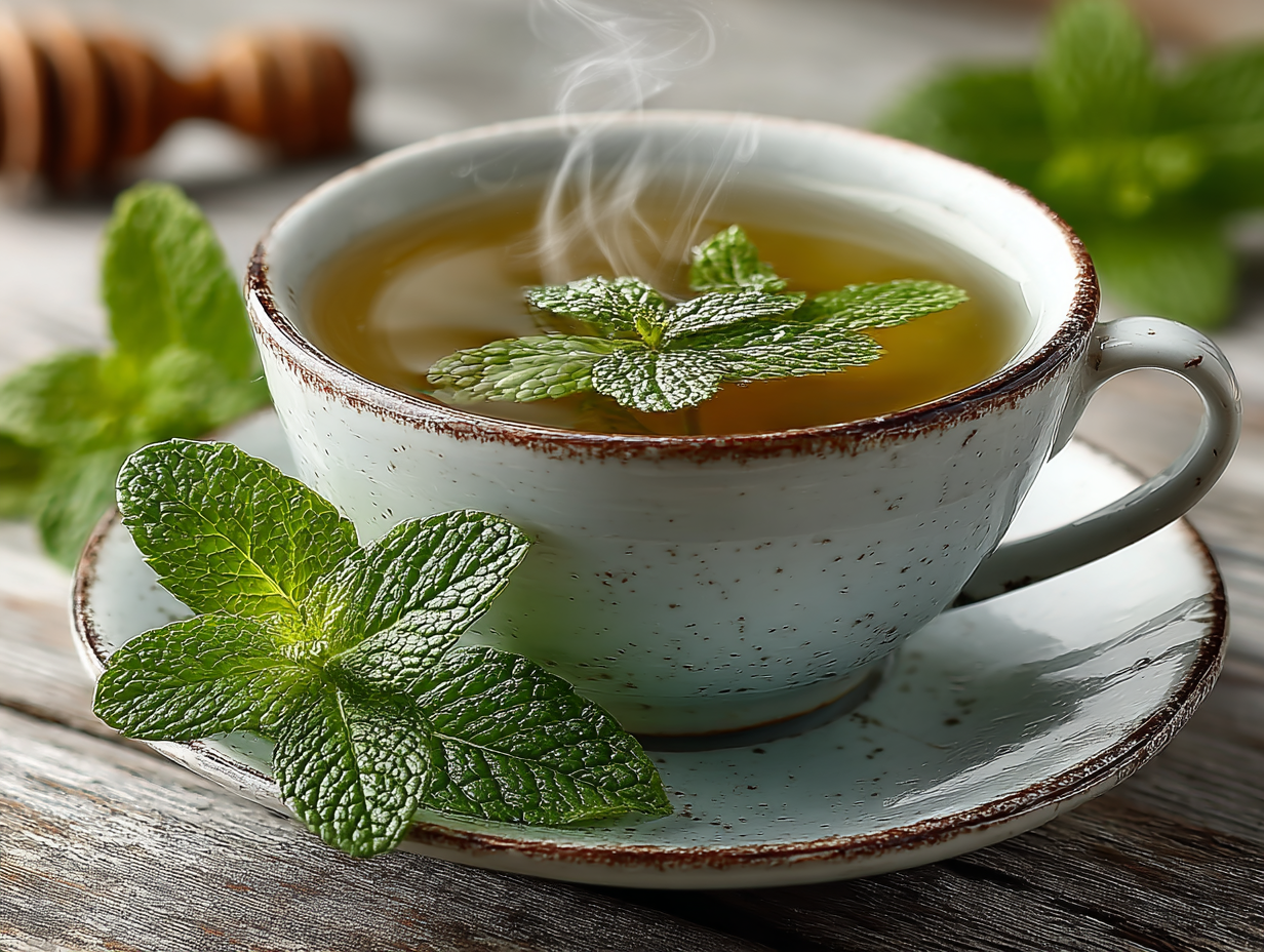 Xícara de chá de hortelã-pimenta sobre mesa clara com folhas frescas ao lado, bebida que ajuda a matar vermes intestinais.