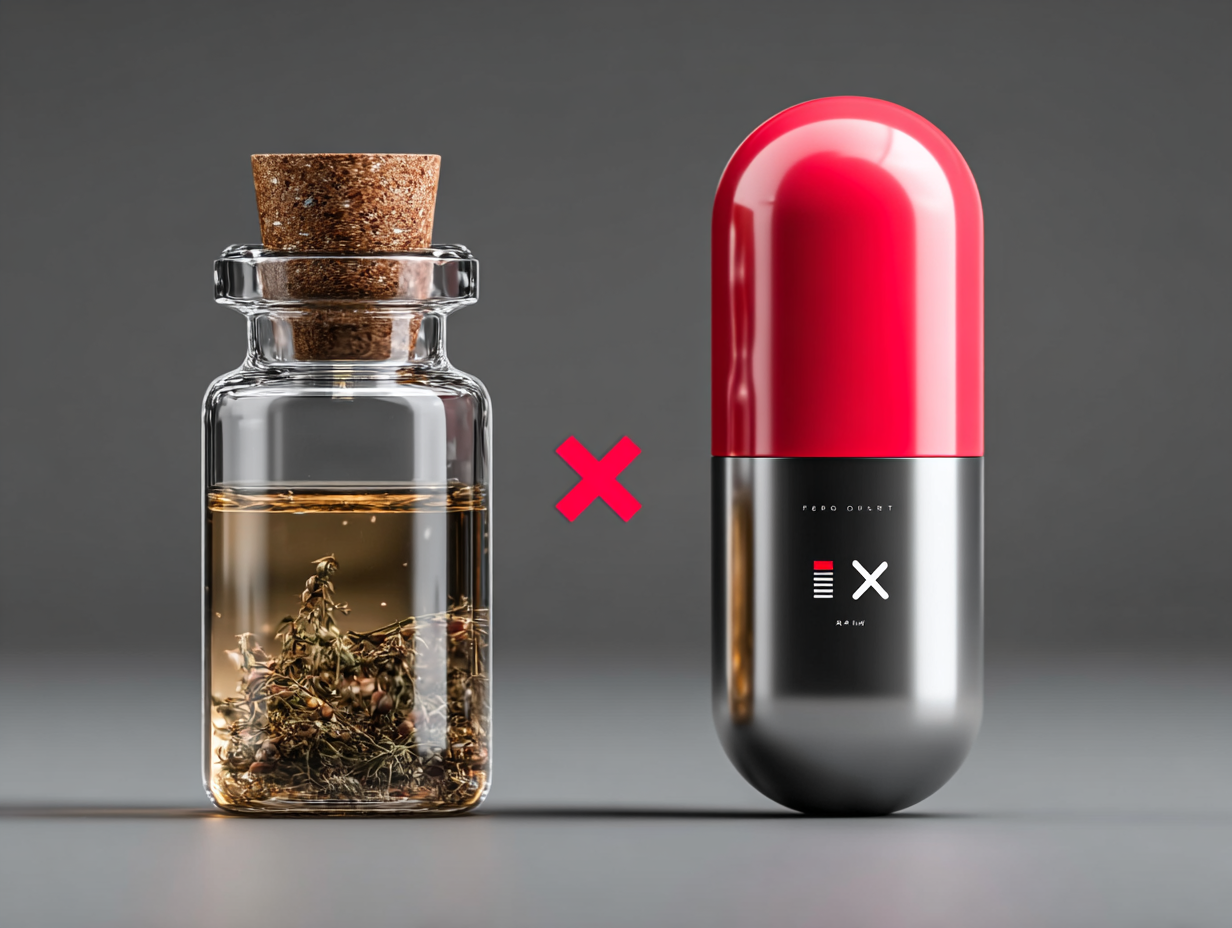 Comparação visual entre tintura natural e frasco de medicamento convencional.