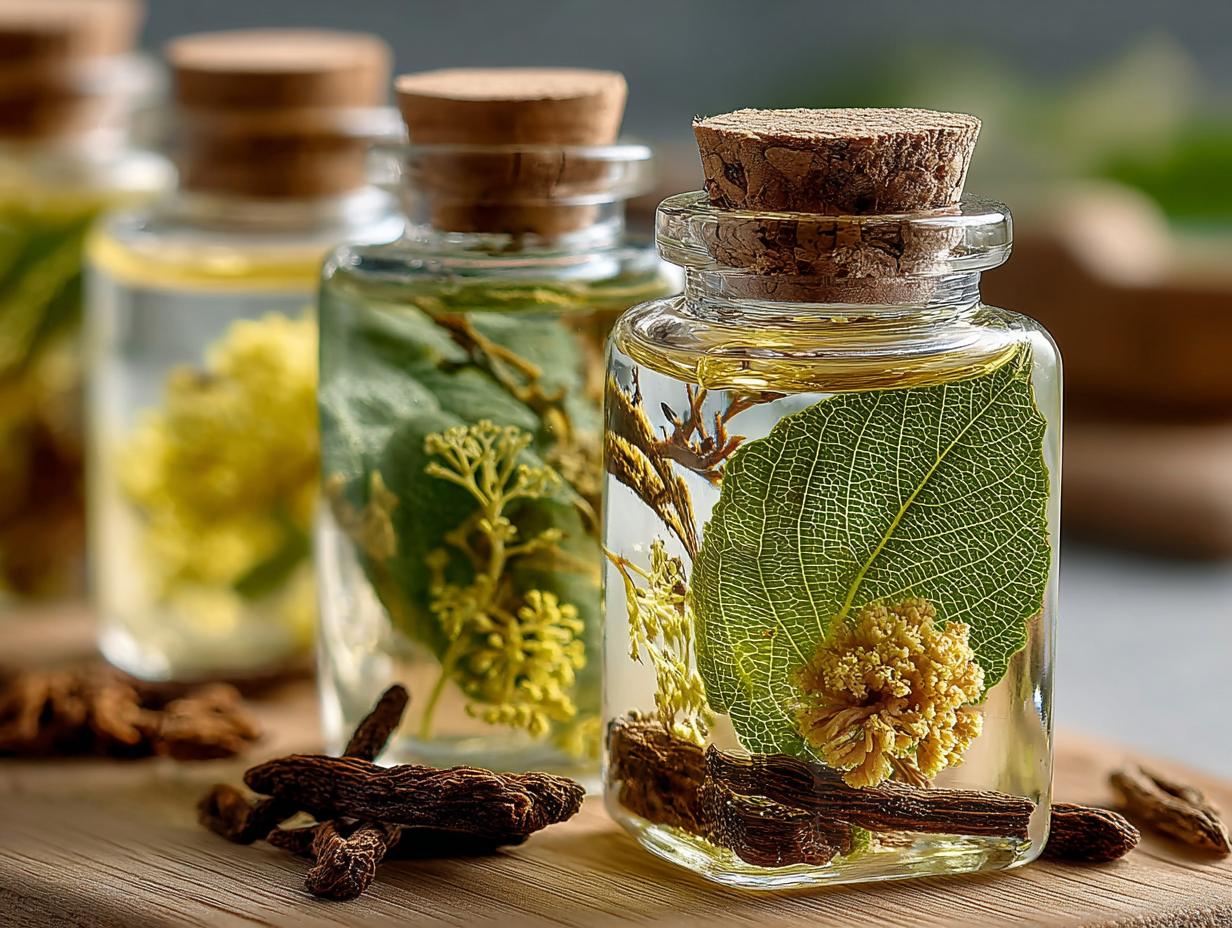 Frascos de tintura natural e ervas frescas dispostos em mesa de madeira, simbolizando o conceito de vermífugo natural.
