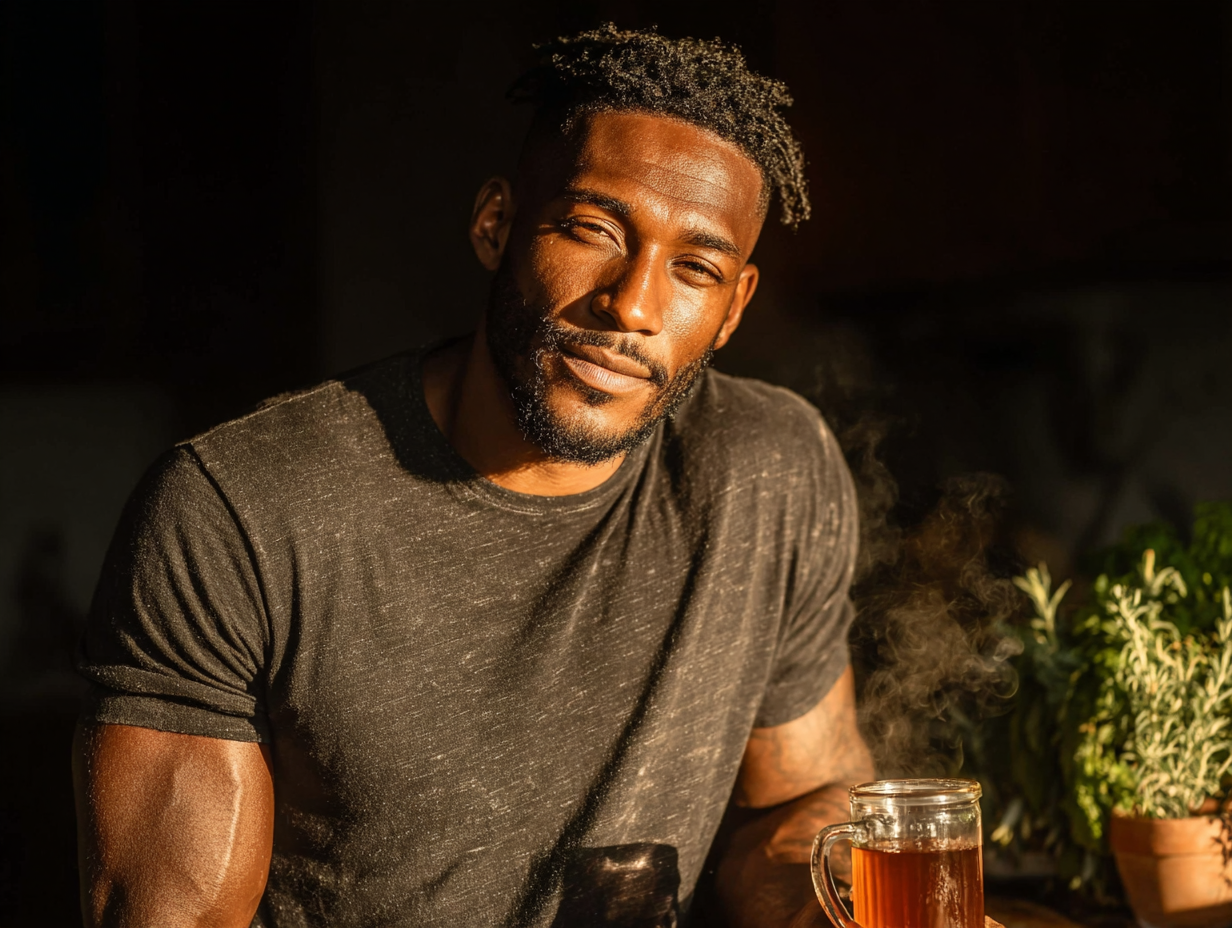 Homem negro sorrindo ao tomar chá ao ar livre, representando o bem-estar após usar chá para verme como parte de um estilo de vida mais saudável.