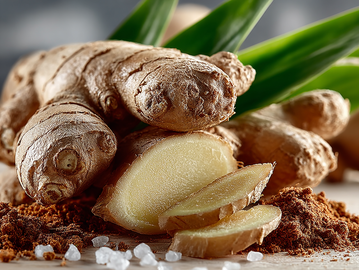 Raízes de gengibre fresco sobre superfície de madeira clara, alimento que mata vermes intestinais.
