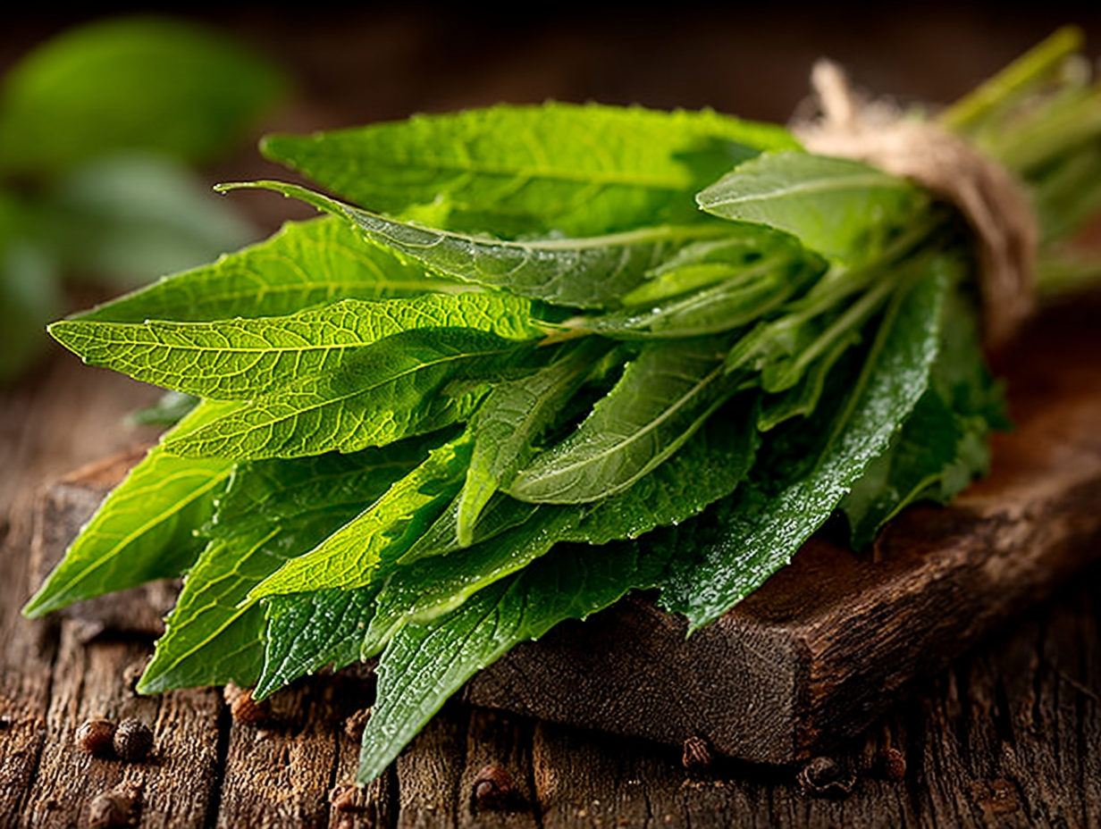 Foto realista de folhas frescas de mastruz usadas como planta medicinal contra vermes.