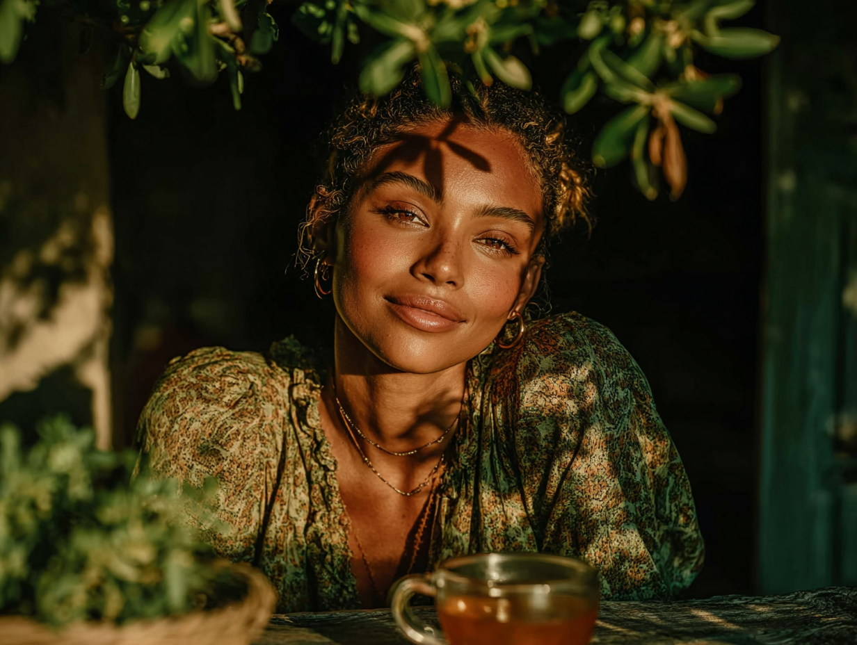 Mulher negra bonita sorrindo em ambiente naturalista tomando chá, representando bem-estar após uso seguro do caroço de mamão para verme.