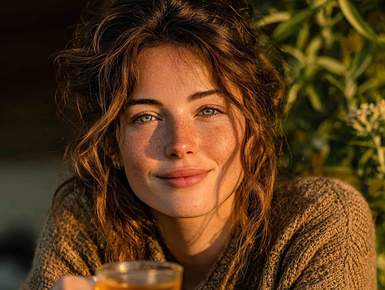 Mulher morena sorrindo em ambiente natural, segurando xícara de chá de artemísia feito com folhas secas verde-acinzentadas, transmitindo bem-estar.
